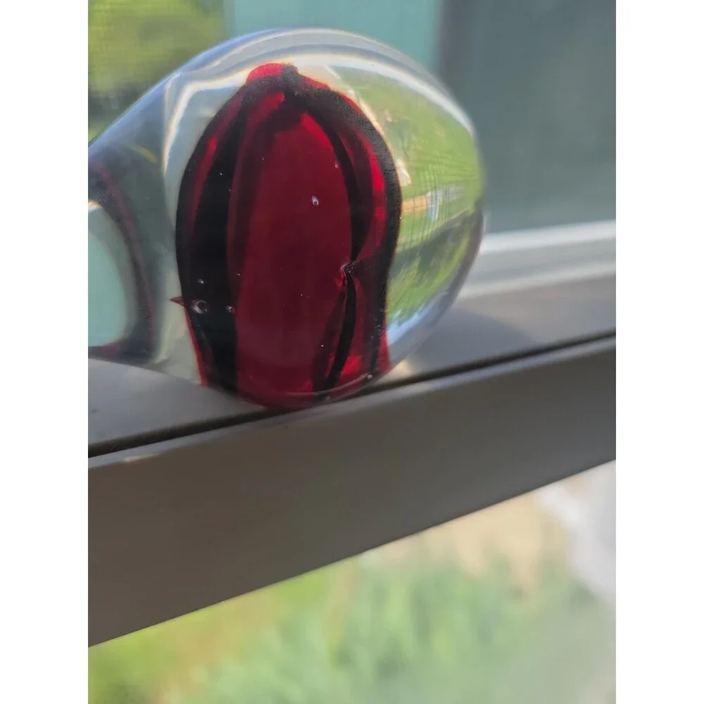 Vintage Art Glass Whale Paperweight Clear Red Black Stripes 5